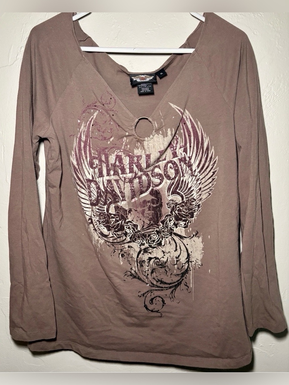 Vintage Y2K Harley Davidson O-Ring Cutout Top Winged Skull Grunge